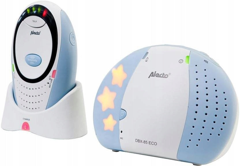 ALECTO DBX-85 Eco niania elektroniczna DECT, niebiesko-biała, z stacją ładującą i wskaźnikami LED