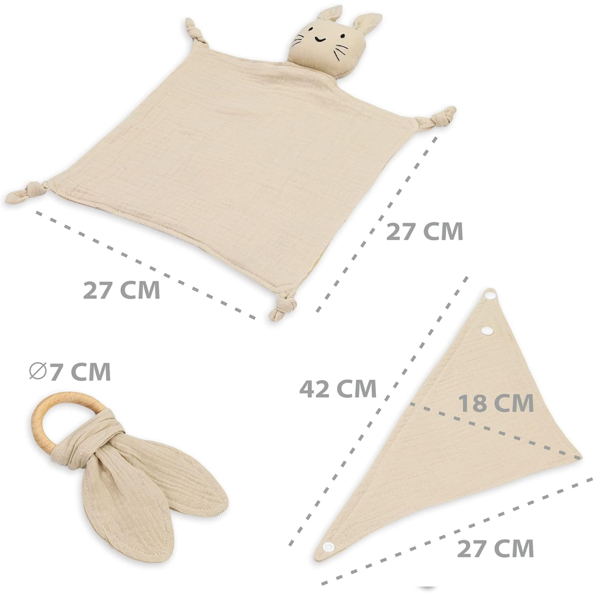 TOTSY BABY mousseline comforter en slabbetje, houten bijtring 27x27 cm KONIJN