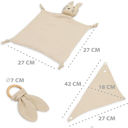 TOTSY BABY mousseline comforter en slabbetje, houten bijtring 27x27 cm KONIJN