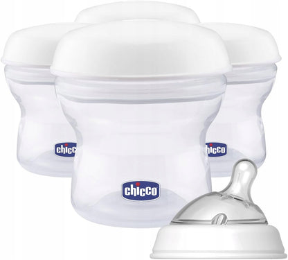 CHICCO pojemniki na mleko 4 x 150 ml + smoczek z nakrętką, białe, BPA/BPS free