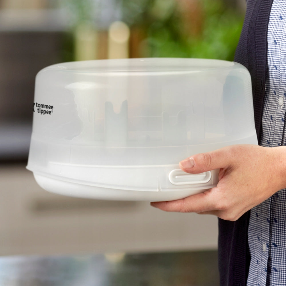 TOMMEE TIPPEE sterylizator + szczypce i smoczek, mikrofalowy sterylizator do butelek i akcesoriów, biały