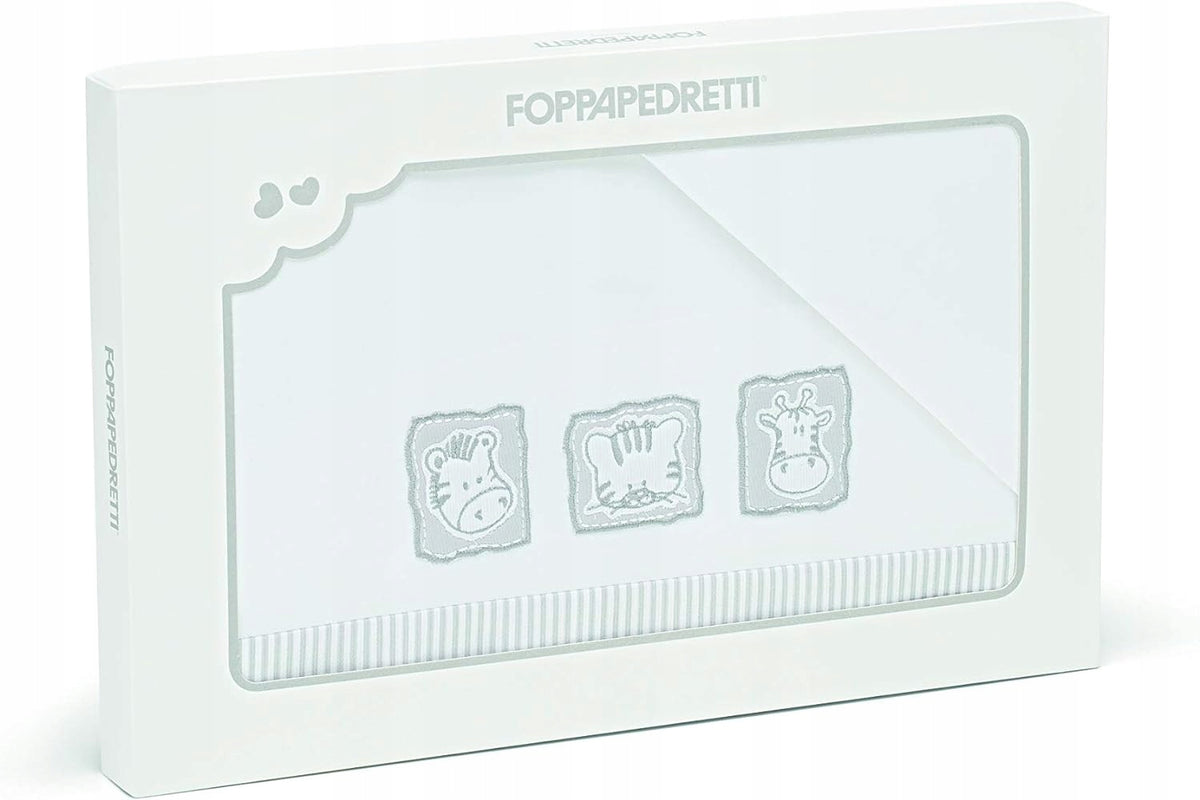FOPPAPEDRETTI komplet pościeli 3częściowy 120x80 biało-szary z motywem zwierząt, 100% bawełna do łóżeczka dziecięcego