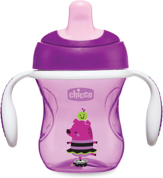 CHICCO Training Cup kubek niekapek z ustnikiem 200 ml 6 m+ fioletowy z uchwytami i antykolkowym zaworkiem