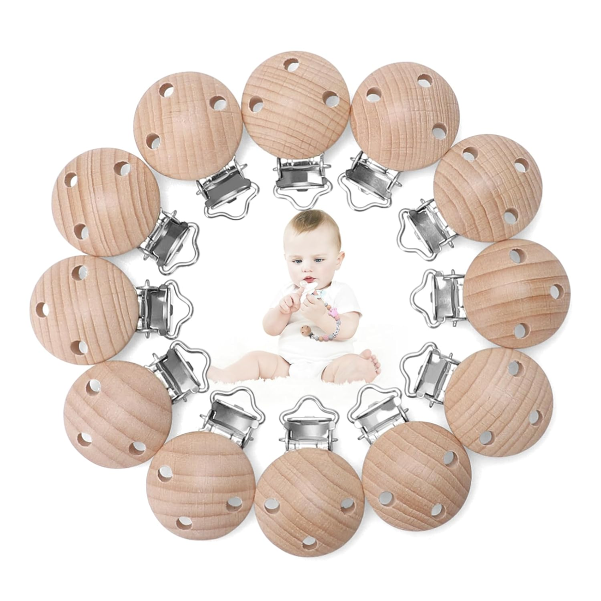 KIGNIOTE clips de madera para cadena de chupete 12 unidades