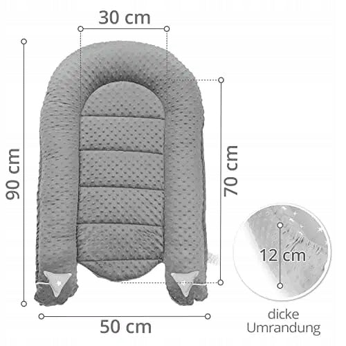 TOTSY BABY kokon niemowlęcy gniazdo 90 x 50 minky, szare gniazdo dla niemowląt z grubą krawędzią i wymiarami 90x50 cm