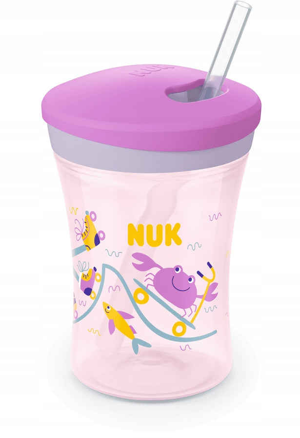 NUK Action Cup KUBEK NIEKAPEK 12 m+ fioletowy kubek 230 ml ze słomką i zaworkiem