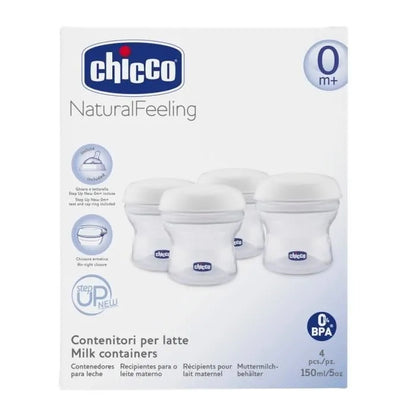 CHICCO recipiente pentru lapte 4 x 150 ml + suzetă cu capac