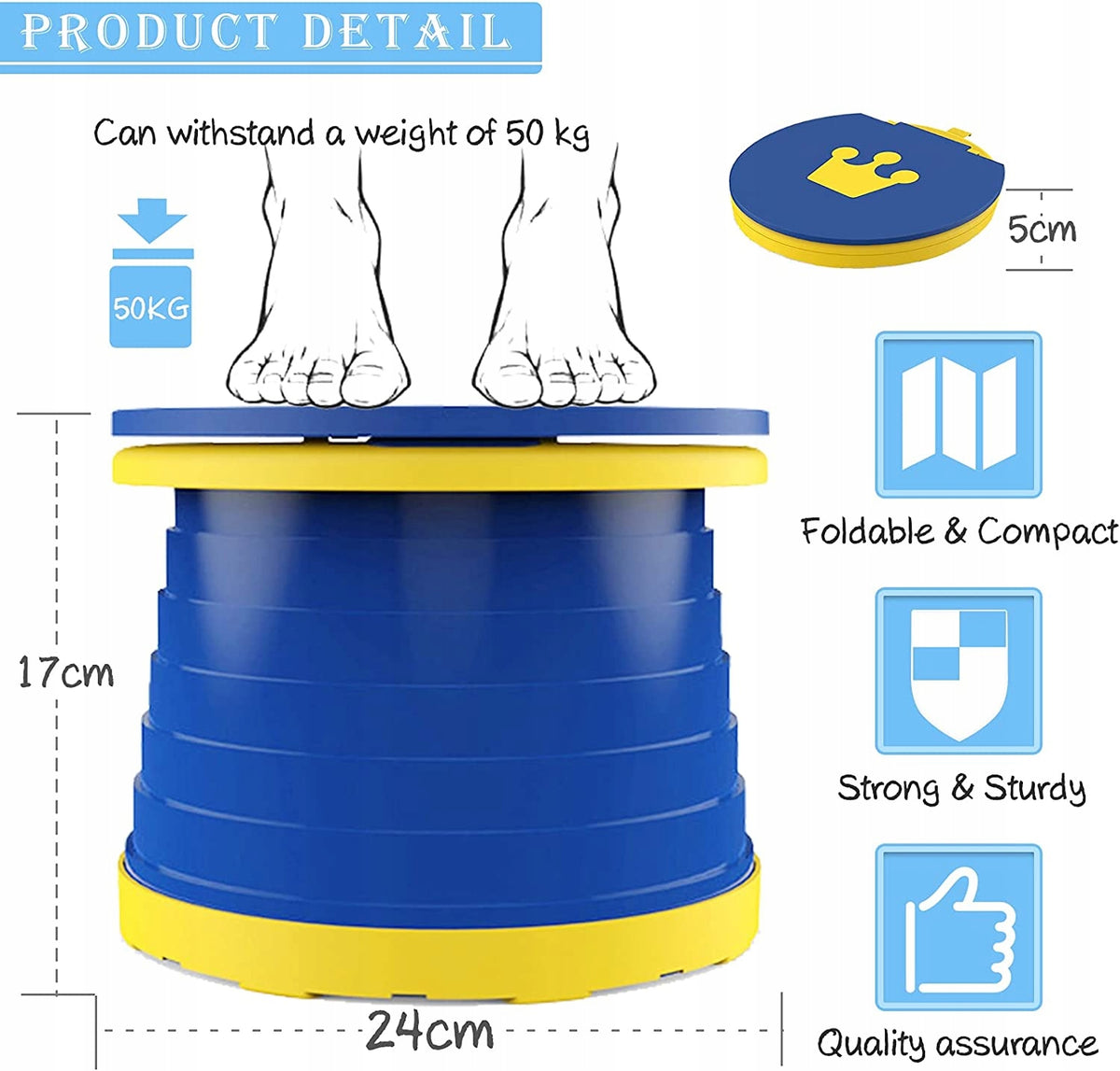 NOCNIK TURYSTYCZNY składane krzesełko KORONA niebiesko-żółty, składany nocnik 2w1, 50 kg, 17 cm wysokości