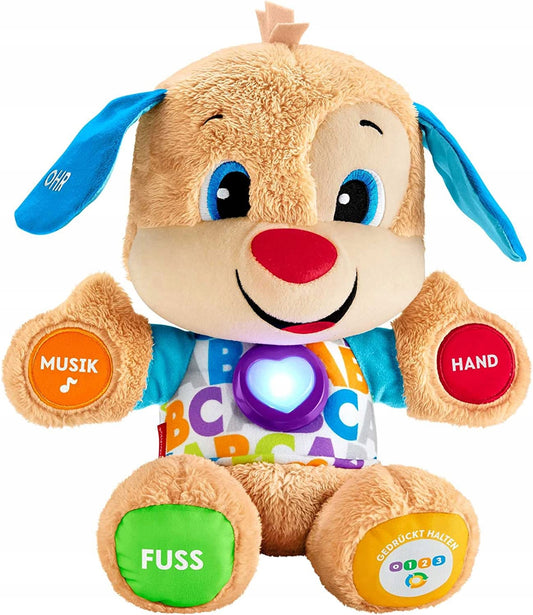 FISHER-PRICE szczeniaczek uczniaczek j. niemiecki interaktywny pluszak z podświetlanym serduszkiem i przyciskami