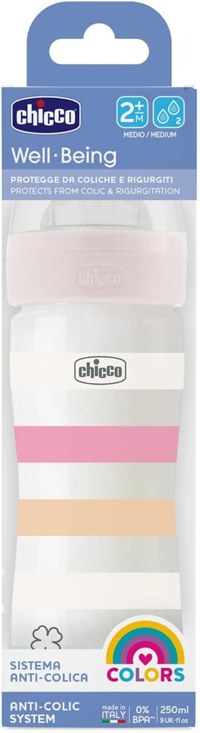 CHICCO Well-Being butelka 250ml 2m+ średni przepływ, kolorowa butelka antykolkowa 250 ml