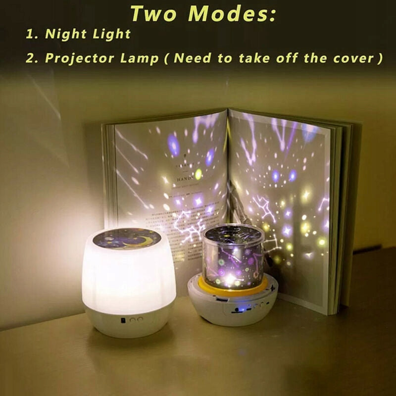 SPECIAL SWEET lampka nocna + projektor, 5 motywów, biała lampka LED 2w1 z projekcją gwiazd i kosmosu