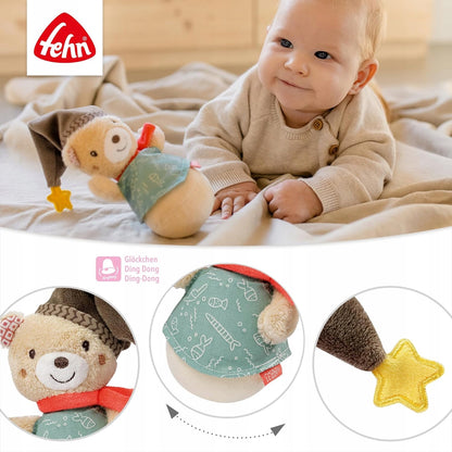 FEHN Miś Bruno wańka WSTAŃKA 14cm grzechotka dla niemowląt 0+ z dzwoneczkiem, miękka i kolorowa
