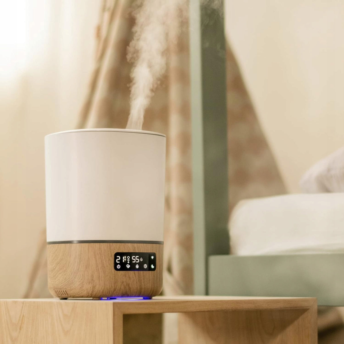 MAXI-COSI Breathe zdalny nawilżacz powietrza 24 h aplikacja Connected Home, biało-drewniany, z wyświetlaczem