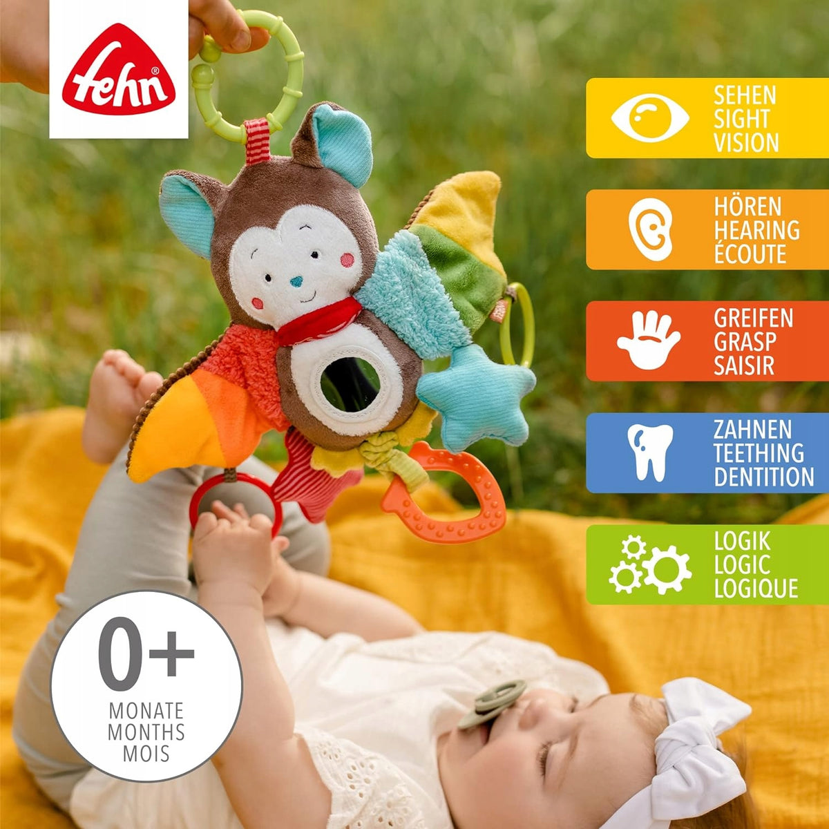 FEHN Anhänger mit Rassel und Greifling für Kinderwagen, Babyschale FLEDERMAUS 29 cm