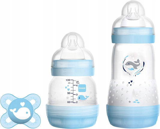 MAM zestaw startowy Easy Start 3el. butelki Anti-Colic 130 ml i 260 ml oraz smoczek uspokajający, niebieski