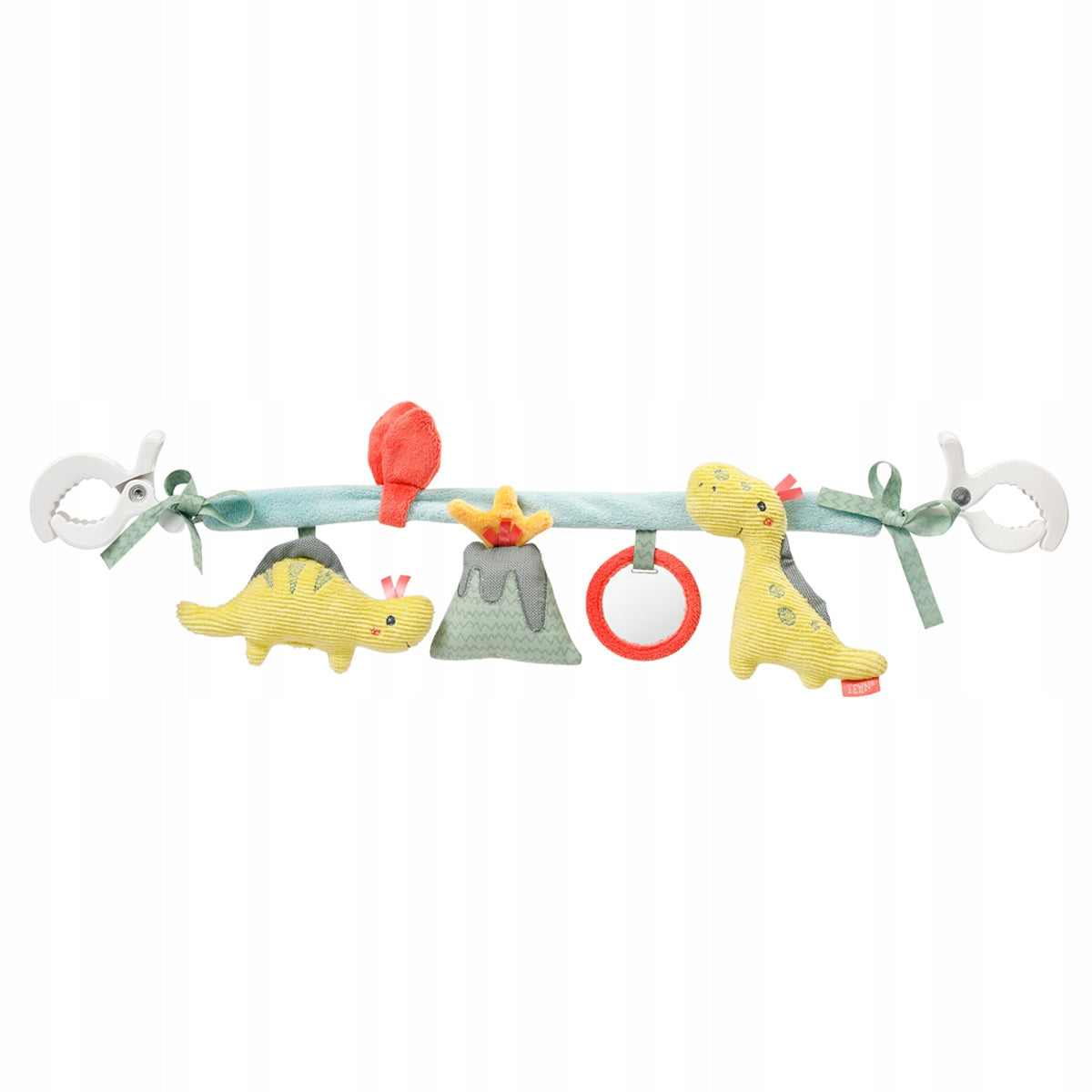 FEHN zawieszka łańcuch do wózka HAPPY DINO, kolorowa zabawka sensoryczna z klipsami do wózka dla dzieci 0+
