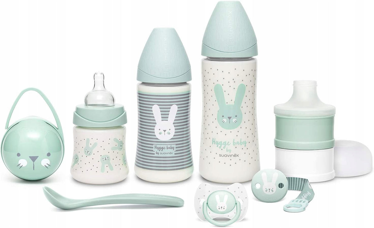 SUAVINEX Welcome Baby zestaw startowy PREMIUM z butelkami, smoczkiem, klipsem, pojemnikiem i łyżeczką