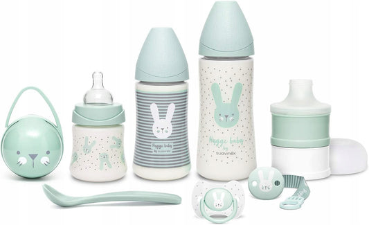 SUAVINEX Welcome Baby zestaw startowy PREMIUM z butelkami, smoczkiem, klipsem, pojemnikiem i łyżeczką