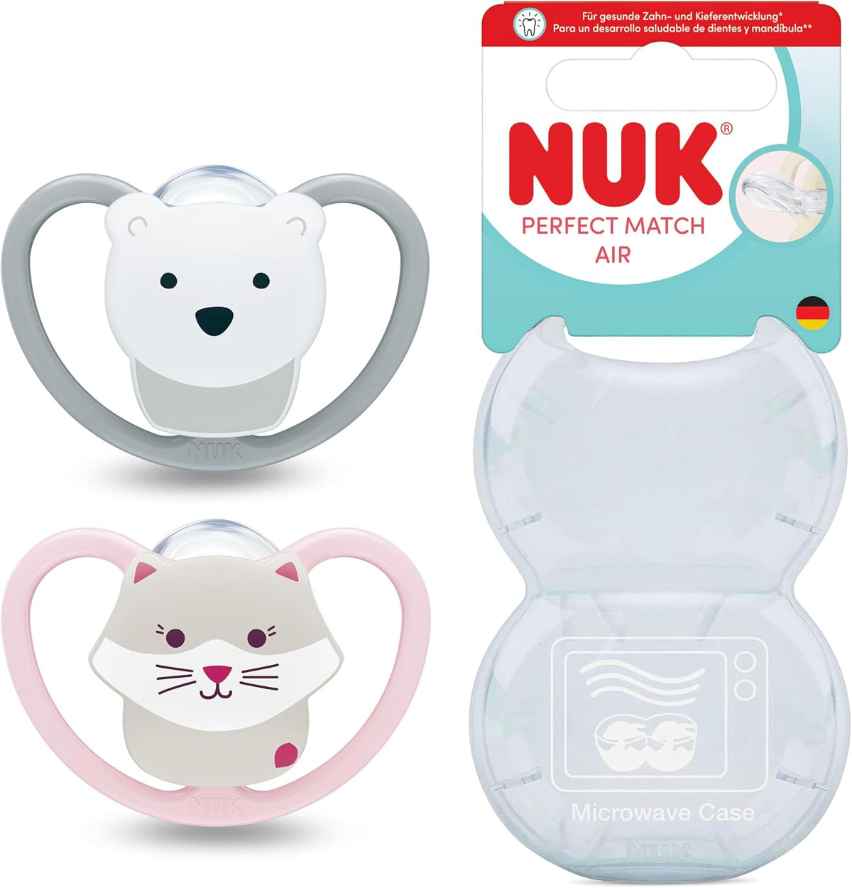 NUK Perfect Match Air smoczek uspokajający 18-36m x2 z etui mikrofalowym, wzór misia i kotka