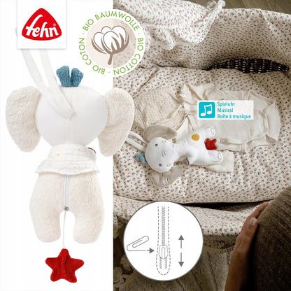 FEHN NATURE pluszowy Słoń BioBawełna 24cm, muzyczna zawieszka z BIO bawełny dla niemowląt