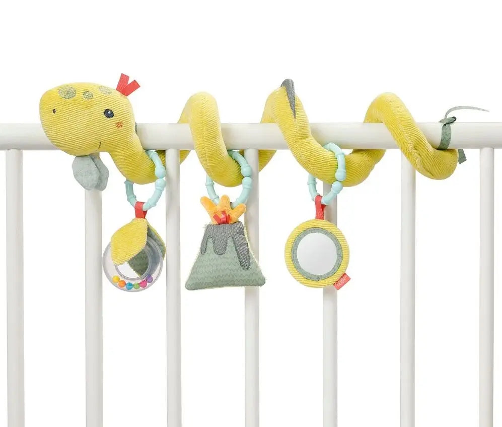 FEHN spirala do wózka łóżeczka fotelika HAPPY DINO, pluszowa zabawka sensoryczna dla niemowląt