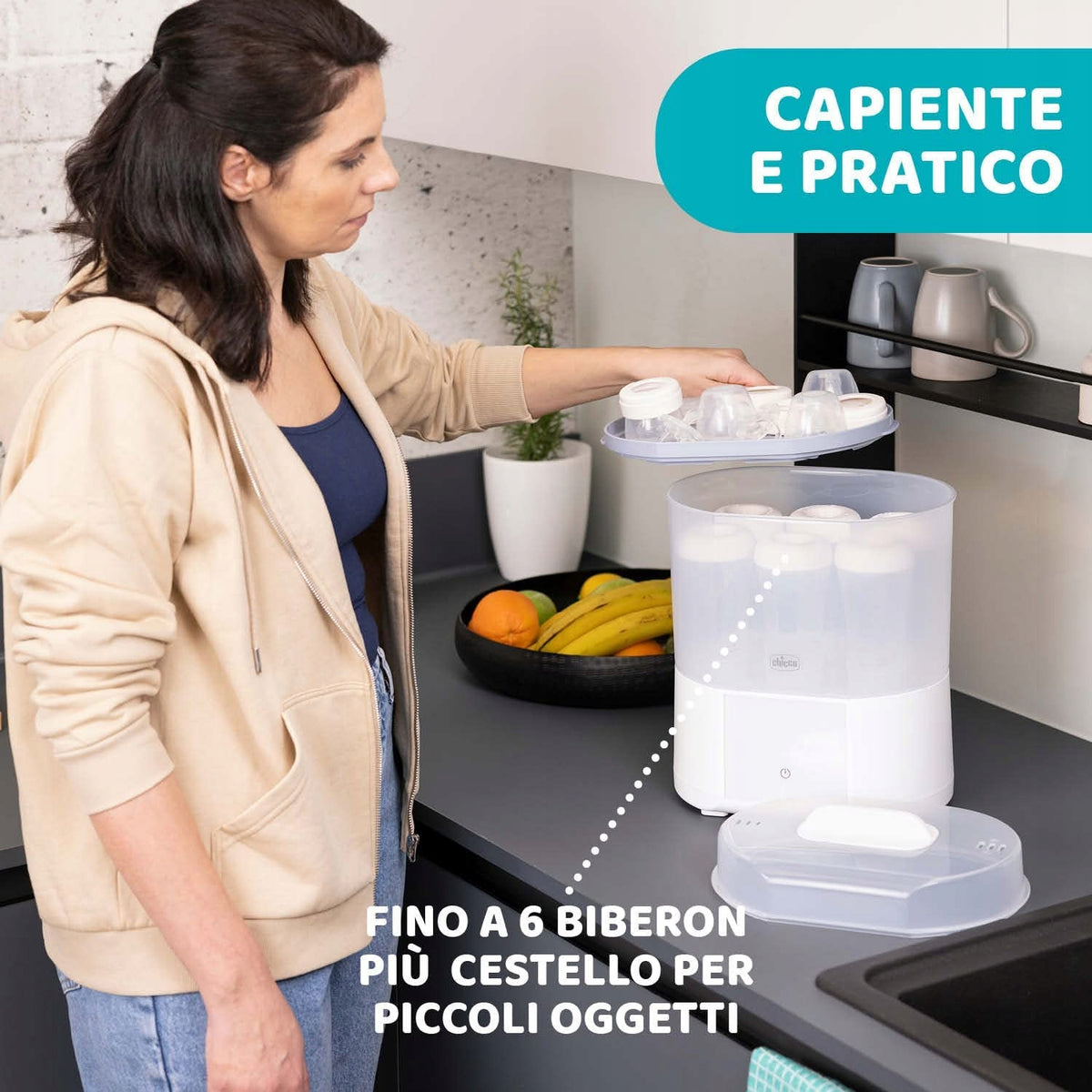 CHICCO sterylizator parowy z suszarką All in One, pojemny na 6 butelek i małe akcesoria