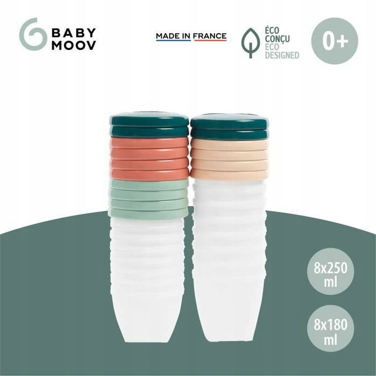 BABYMOOV Babybols MISECZKI pojemniki 16elementów, zestaw 8x250 ml i 8x180 ml, 0+, made in France