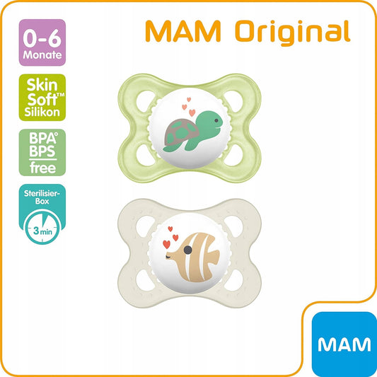 MAM ORIGINAL smoczek uspokajający x2 0-6msc + FEHN maskotka z uchwytem, silikon BPA/BPS free