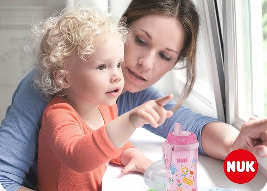 NUK Kiddy Cup BUTELKA z klipsem 300 ml dla dzieci 12 m+, żółta, BPA free, z ustnikiem i zakrętką