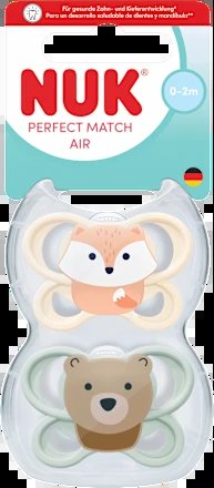 NUK Perfect Match Air smoczki uspokajające 0-2 mies. z motywem liska i misia, miękki silikon, tarczka Air