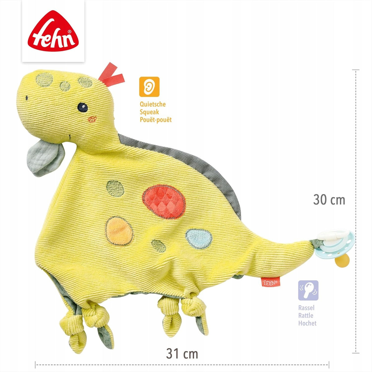 FEHN Happy Dino komforter przytulanka DINOZAUR 30 cm uchwyt smoczka, miękka przytulanka z gryzakiem i grzechotką