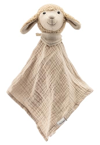 Beżowa przytulanka szmatka z główką owieczki, długimi uszami i chustką przy szyi.
