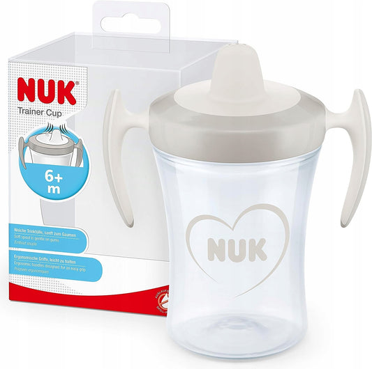 NUK Trainer Cupdrip cupAge 6 m +colour grey with heart motifcapacity 230 mlMaterial polypropylene