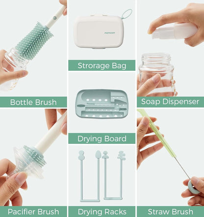 MOMCOZY 7-in-1 travel cleaning kit for bottles, pacifiers, and straws + case