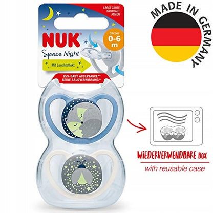 NUK Space Night Silikon-Beruhigungssauger x2 0-6 Monate + Box